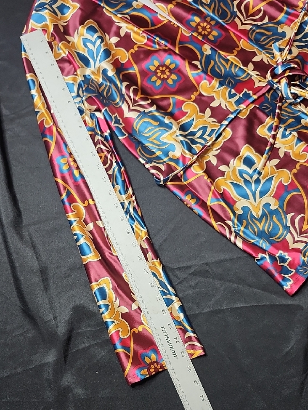 UpTown Women's Burgundy Floral Satin Short Set with Drawstring Waist - Picture 5 of 10